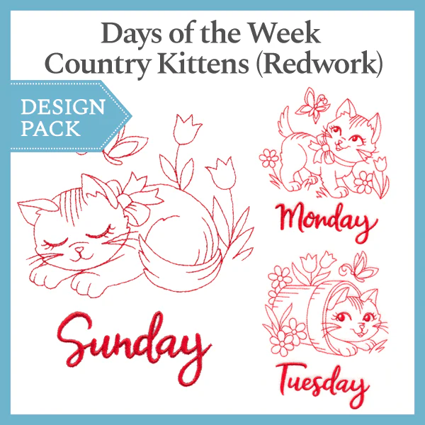 A Days of the Week Country Kittens (Redwork) Design Pack - Image 2