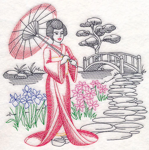 Asian Etching - Geisha and Bridge - Image 2