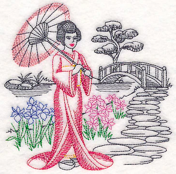 Asian Etching - Geisha and Bridge - Image 4