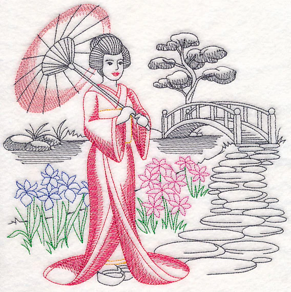 Asian Etching - Geisha and Bridge - Image 5