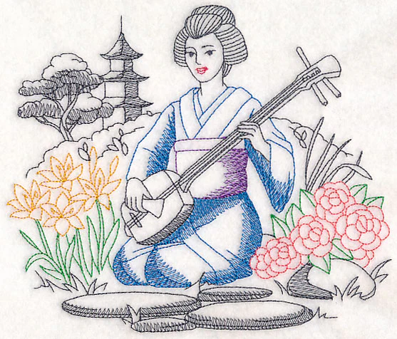 Asian Etching - Geisha and Shamisen - Image 2