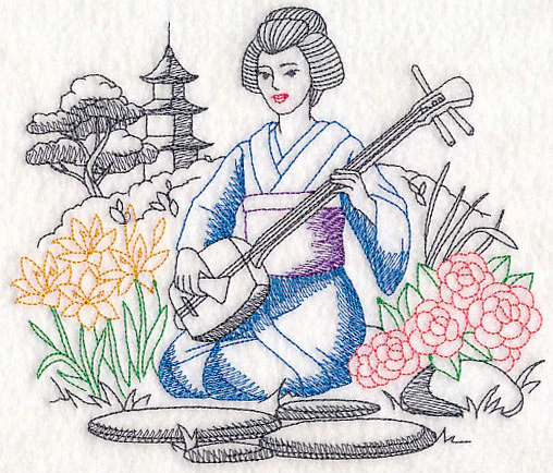 Asian Etching - Geisha and Shamisen - Image 3