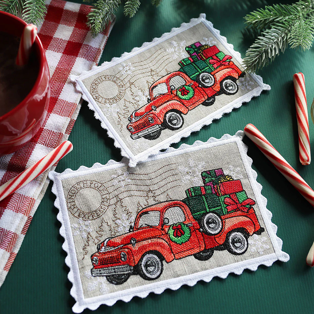 Christmas Retro Truck Stamp Mug Rug (In-the-Hoop) - Image 2