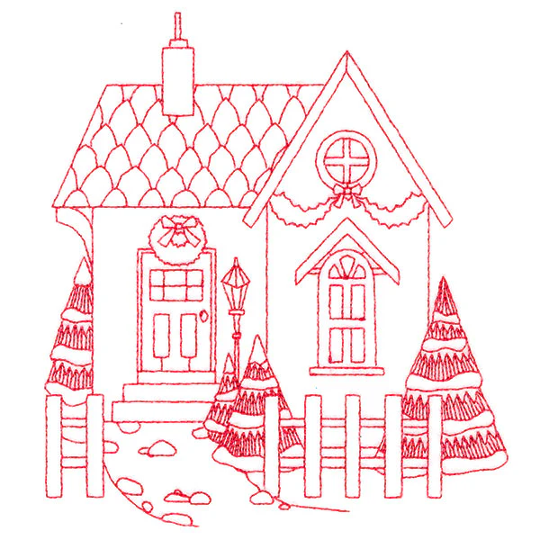 Christmas Village Scenes - Cozy Home (Redwork) - Image 5