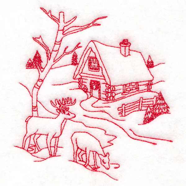 Classic Christmas Scene - Cottage (Redwork) - Image 5