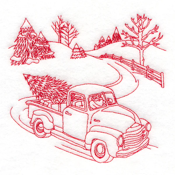 Classic Christmas Scene - Retro Truck (Redwork) - Image 4