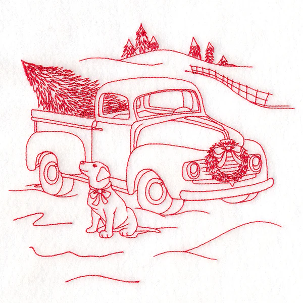 Classic Christmas Scene - Retro Truck with Pup (Redwork) - Image 2