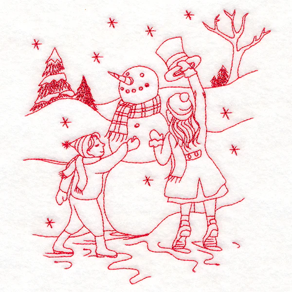 Classic Christmas Scene - Snowman (Redwork) - Image 3
