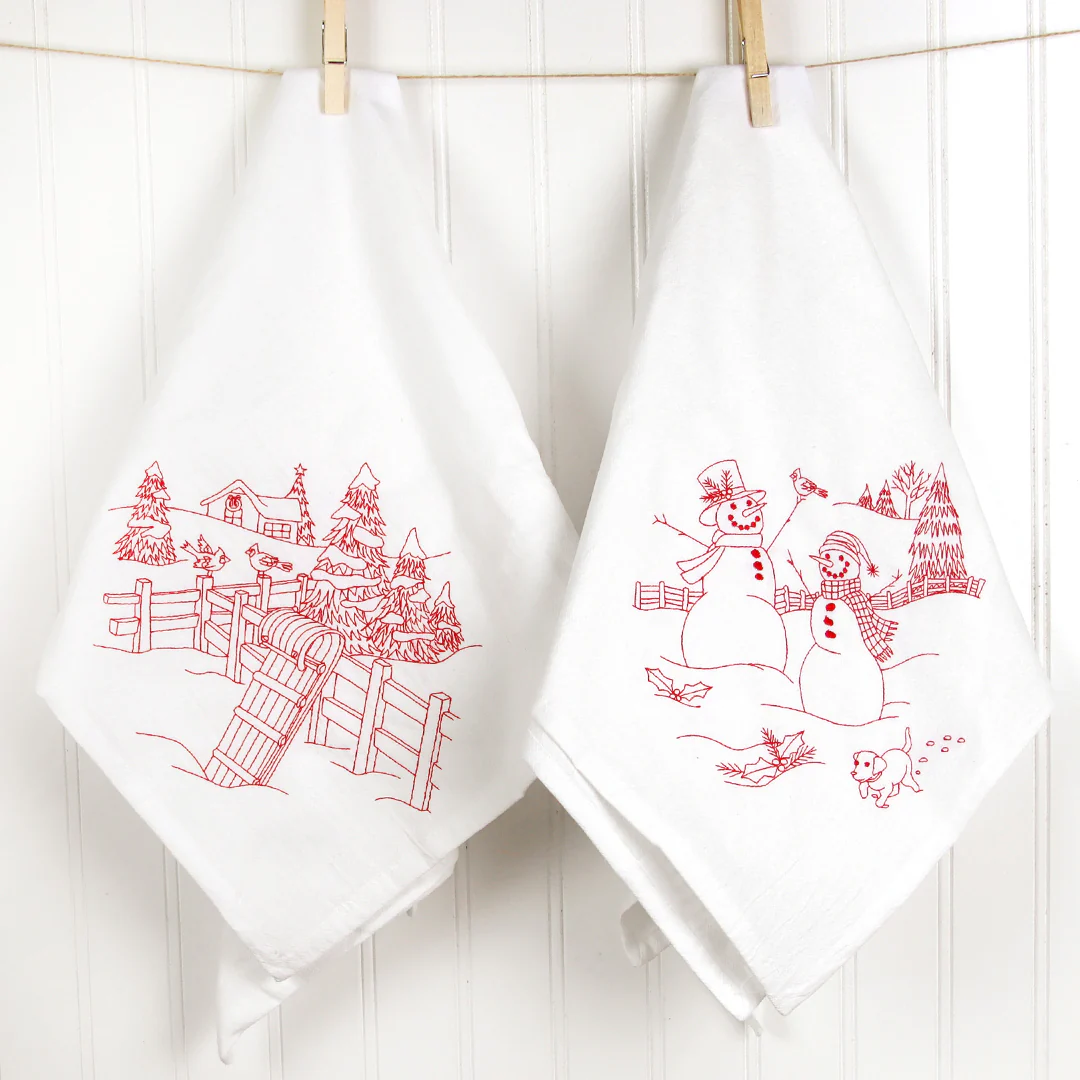 Classic Christmas Scene - Snowmen with Pup (Redwork) - Image 6