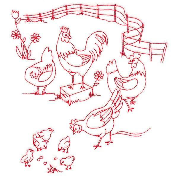 Classic Farm Scene - Chickens (Redwork) - Image 2