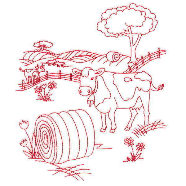 Classic Farm Scene - Cows (Redwork) - Image 2