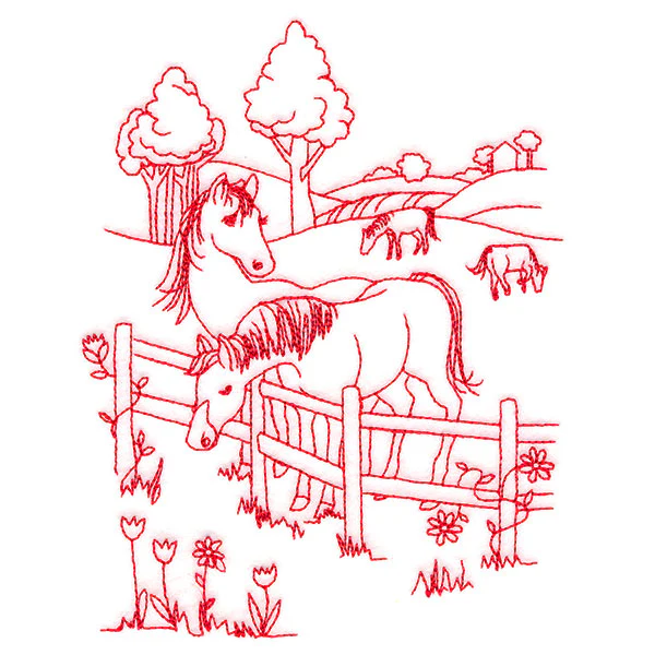 Classic Farm Scene - Horses (Redwork) - Image 3