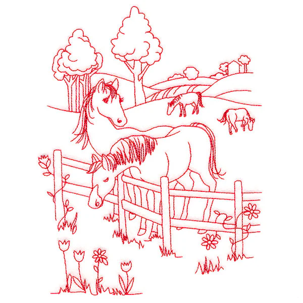 Classic Farm Scene - Horses (Redwork) - Image 6