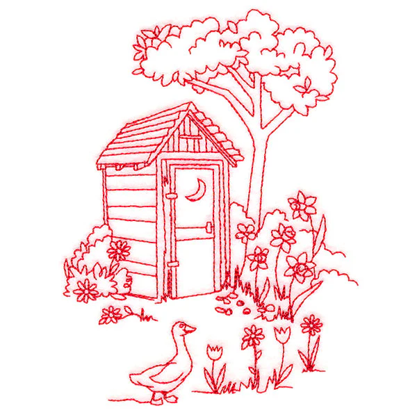 Classic Farm Scene - Outhouse (Redwork) - Image 3