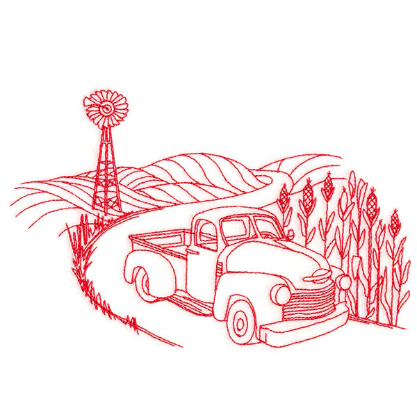 Classic Farm Scene - Retro Truck (Redwork) - Image 2