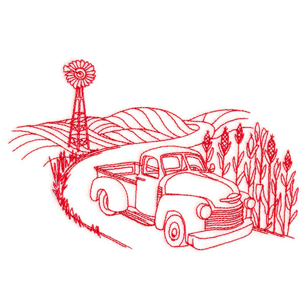 Classic Farm Scene - Retro Truck (Redwork) - Image 3