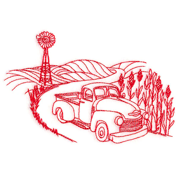 Classic Farm Scene - Retro Truck (Redwork) - Image 4