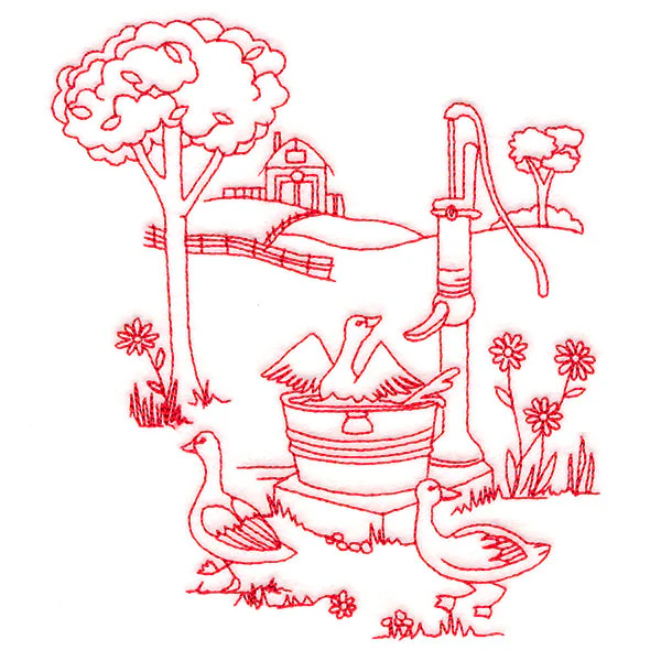 Classic Farm Scene - Water Pump (Redwork) - Image 5