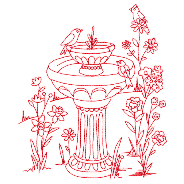 Classic Garden Scene - Bird Bath (Redwork) - Image 2