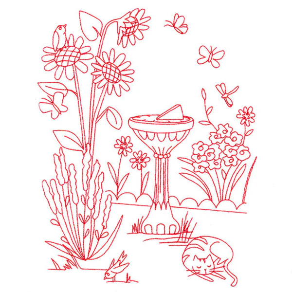 Classic Garden Scene - Sundial (Redwork) - Image 5