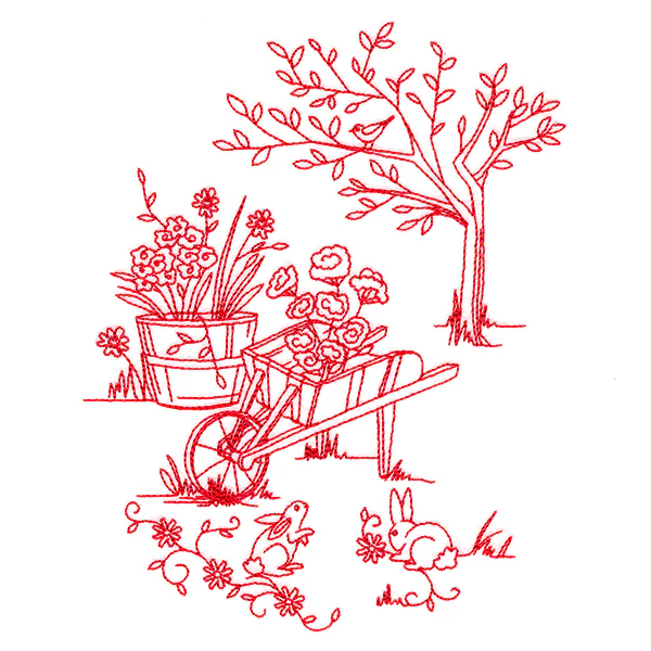 Classic Garden Scene - Wheelbarrow (Redwork) - Image 3