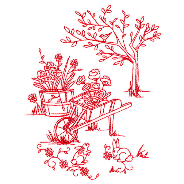 Classic Garden Scene - Wheelbarrow (Redwork) - Image 4
