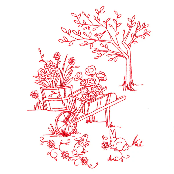 Classic Garden Scene - Wheelbarrow (Redwork) - Image 5