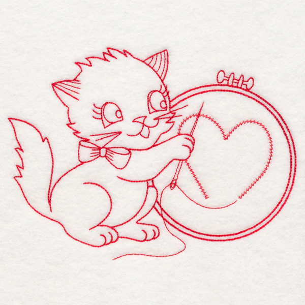 Crafty Cat with Embroidery (Redwork) - Image 2