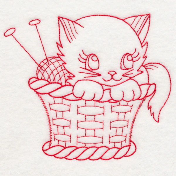 Crafty Cat with Knitting (Redwork) - Image 2
