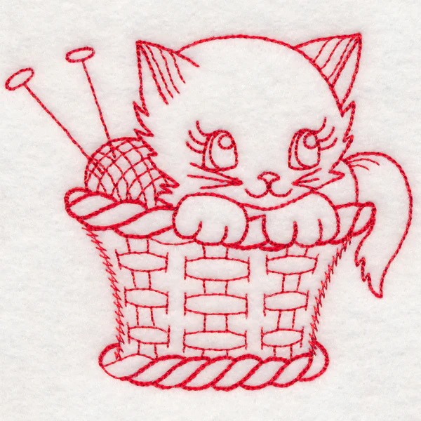Crafty Cat with Knitting (Redwork) - Image 3