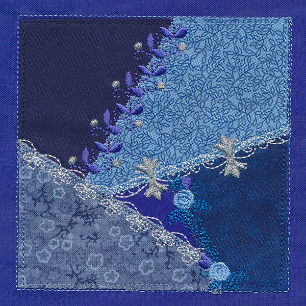 Crazy Patchwork Blue Magic Quilt Block (Heirloom Applique) - Image 5