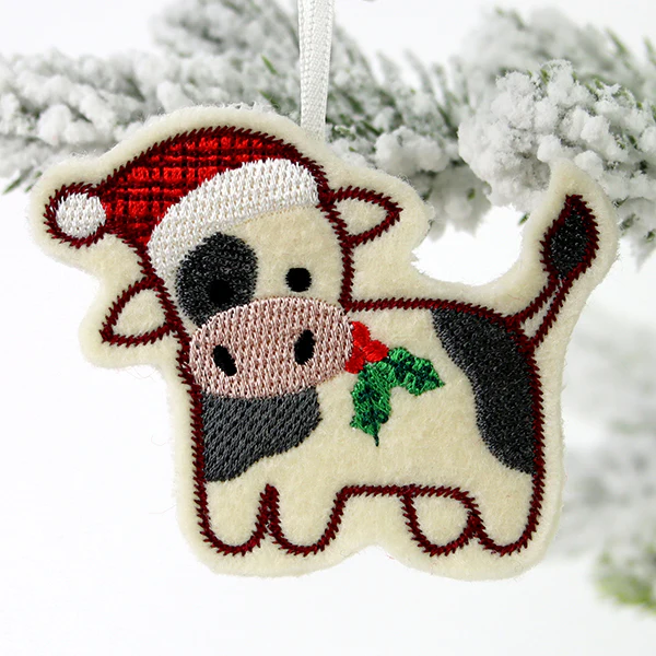 Farmhouse Christmas Cow Ornament (In-the-Hoop) - Image 2