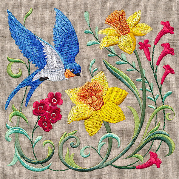 Garden Bluebird in Daffodils and Blooms - Image 4