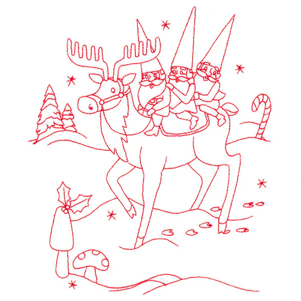 Gnome For The Holidays - Riding a Reindeer (Redwork) - Image 3