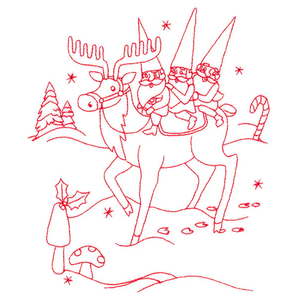 Gnome For The Holidays - Riding a Reindeer (Redwork) - Image 4