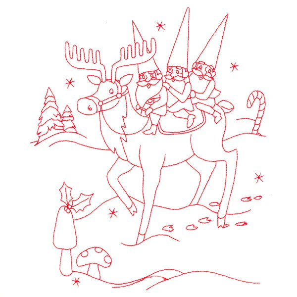 Gnome For The Holidays - Riding a Reindeer (Redwork) - Image 5