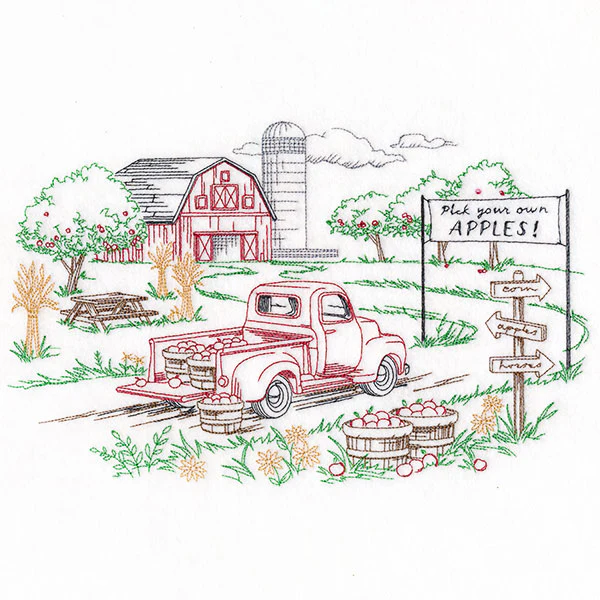 Happy Autumn Apple Picking Scene Etching