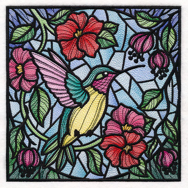 Hummingbird and Poppies Stained Glass Square