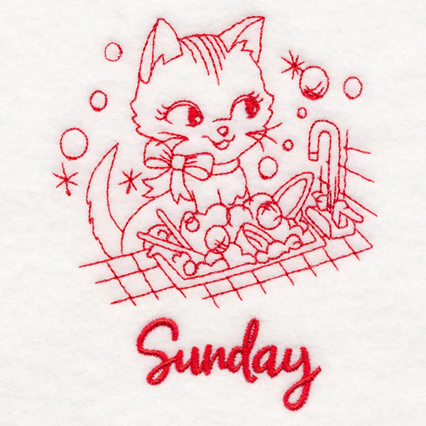 Kitchen Kitten on Sunday (Redwork) - Image 2