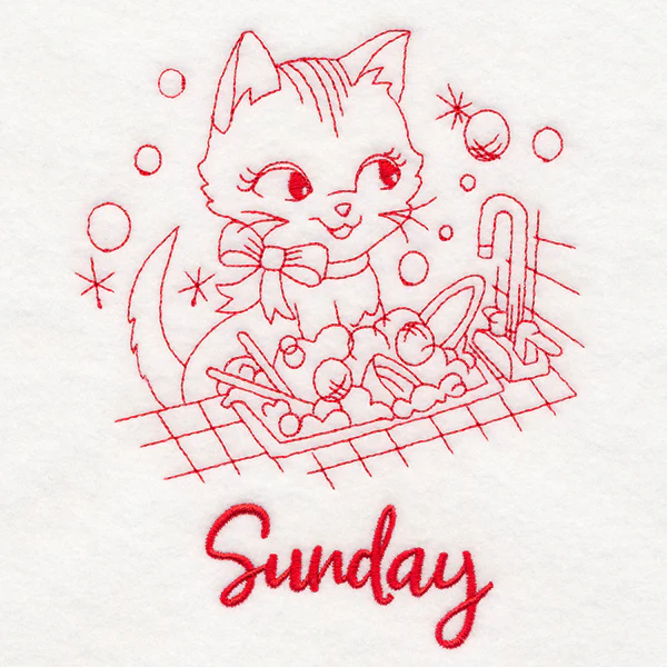 Kitchen Kitten on Sunday (Redwork) - Image 3