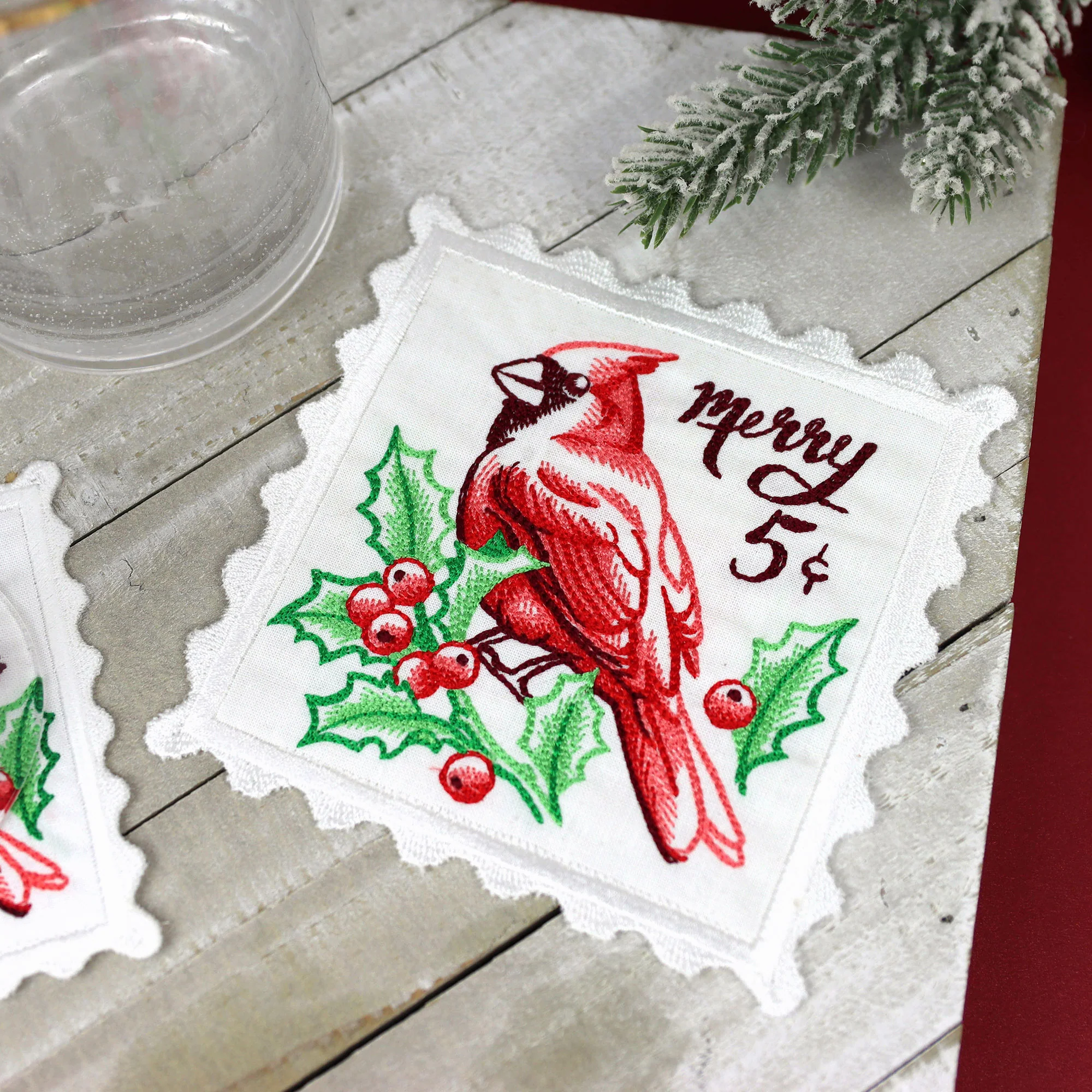 Lace Edge Cardinal Stamp Coaster (In-the-Hoop) - Image 2