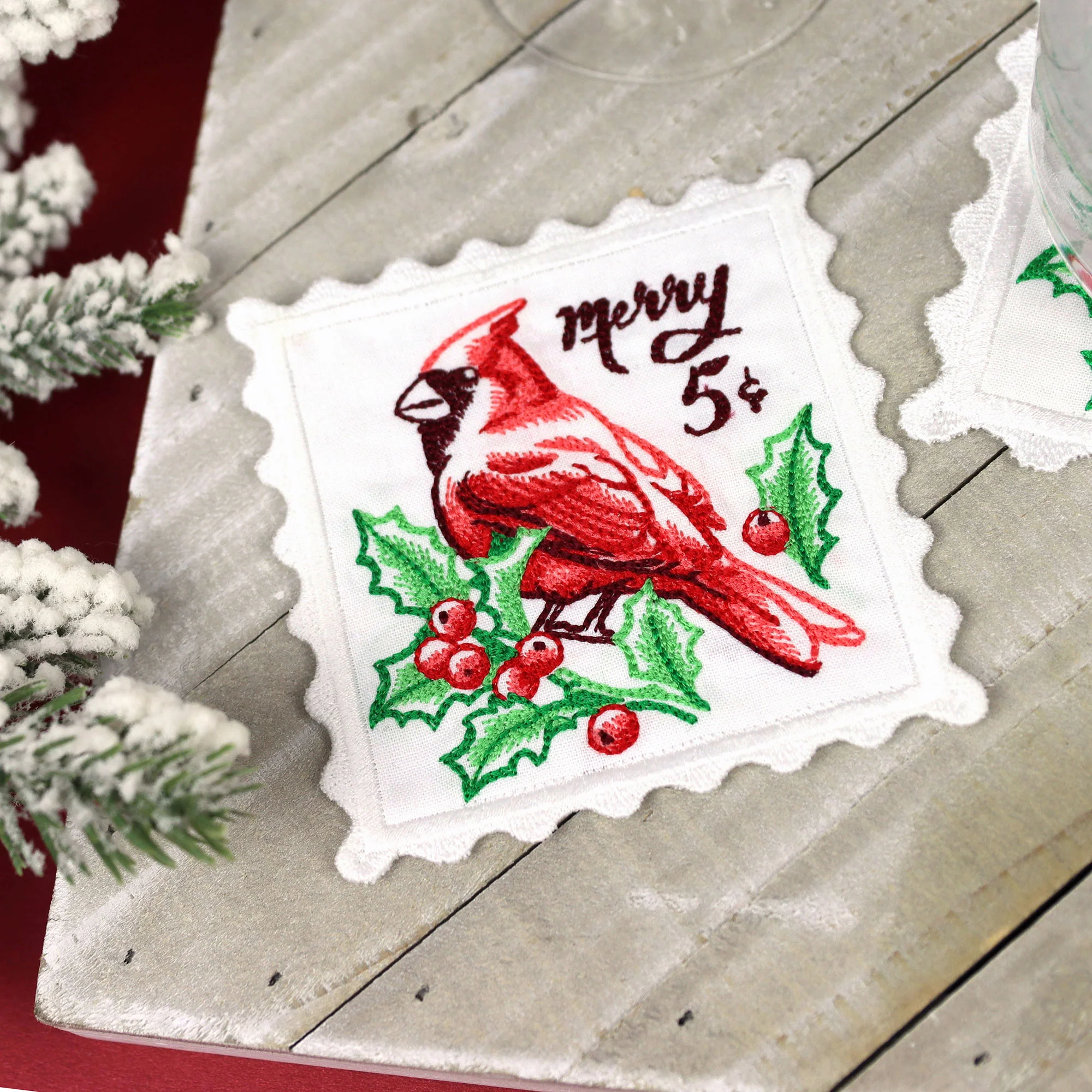 Lace Edge Cardinal Stamp Coaster (In-the-Hoop) - Image 5