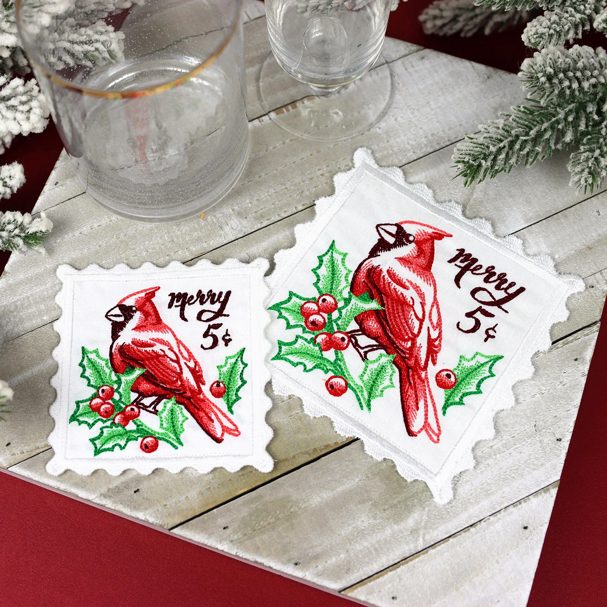 Lace Edge Cardinal Stamp Coaster (In-the-Hoop) - Image 6