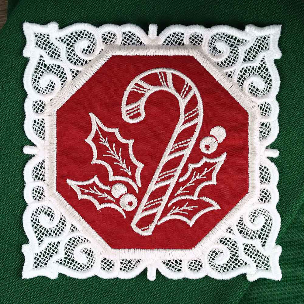 Lace Edge Christmas Coaster - Candy Cane (In-the-Hoop) - Image 2