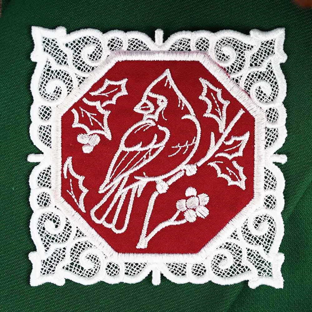 Lace Edge Christmas Coaster - Cardinal (In-the-Hoop) - Image 3