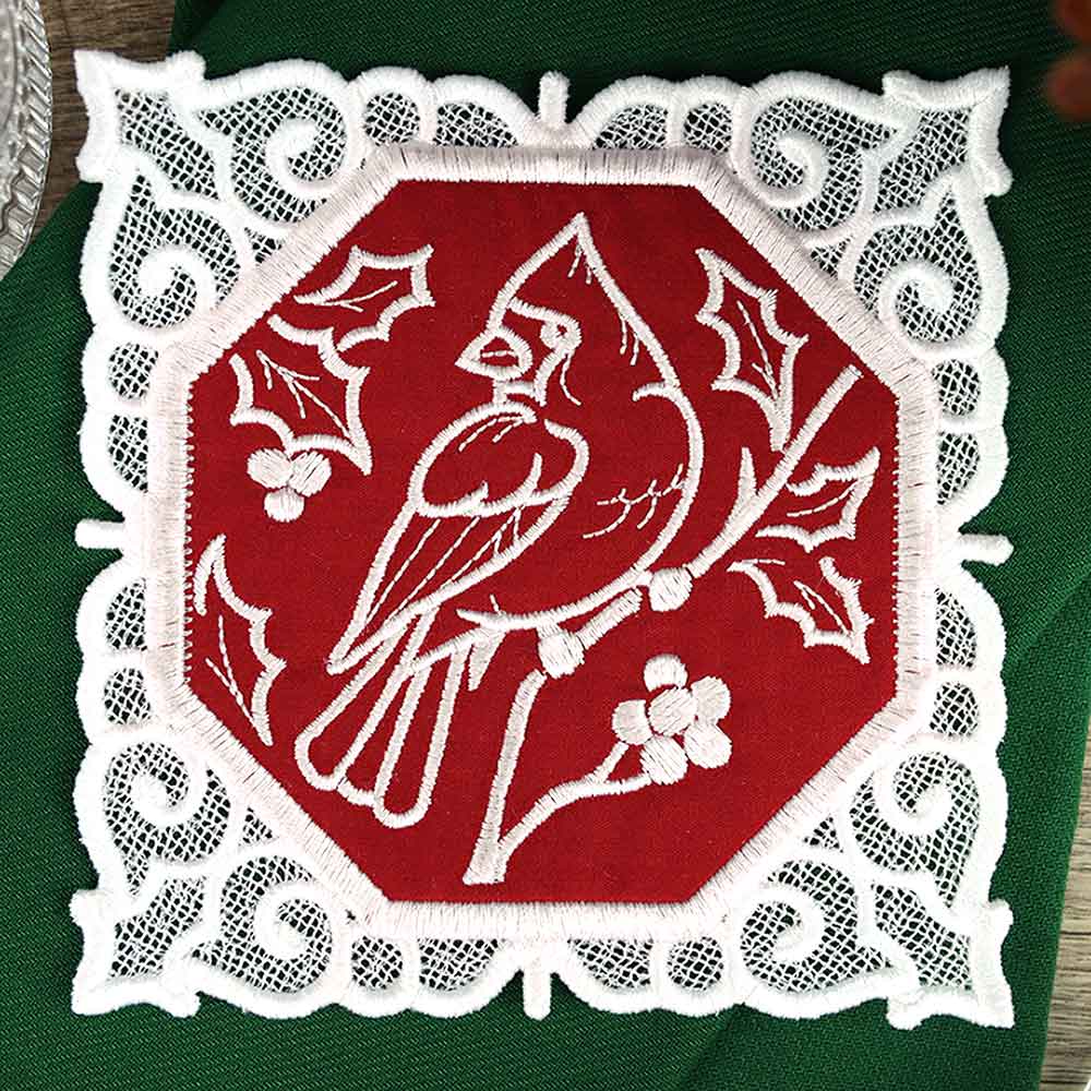 Lace Edge Christmas Coaster - Cardinal (In-the-Hoop) - Image 4