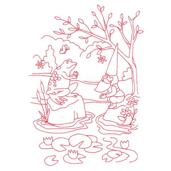 Magical Gnome Scene - At the Pond (Redwork)