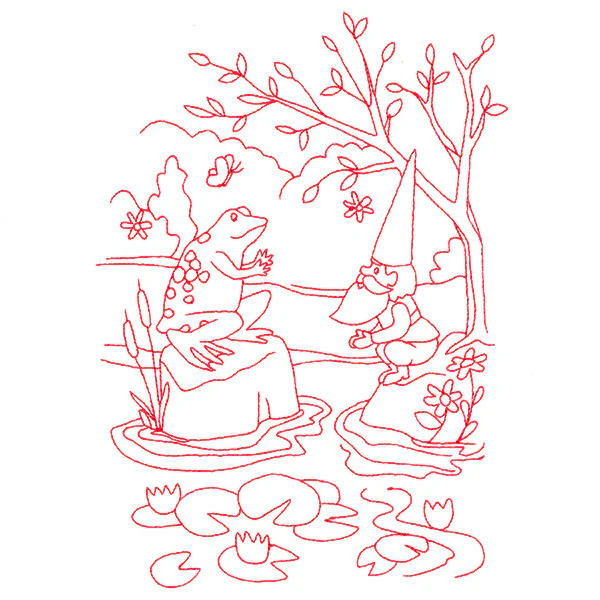 Magical Gnome Scene - At the Pond (Redwork) - Image 2