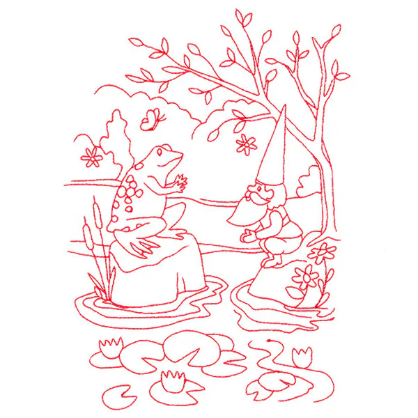 Magical Gnome Scene - At the Pond (Redwork) - Image 3