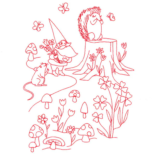Magical Gnome Scene - Gathering with Friends (Redwork) - Image 2